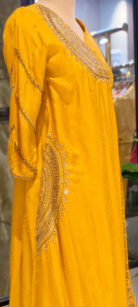 Half Phased Embroidered Angrakha Style A-Line Russian Silk Full Suit Set with Dupatta- 15324
