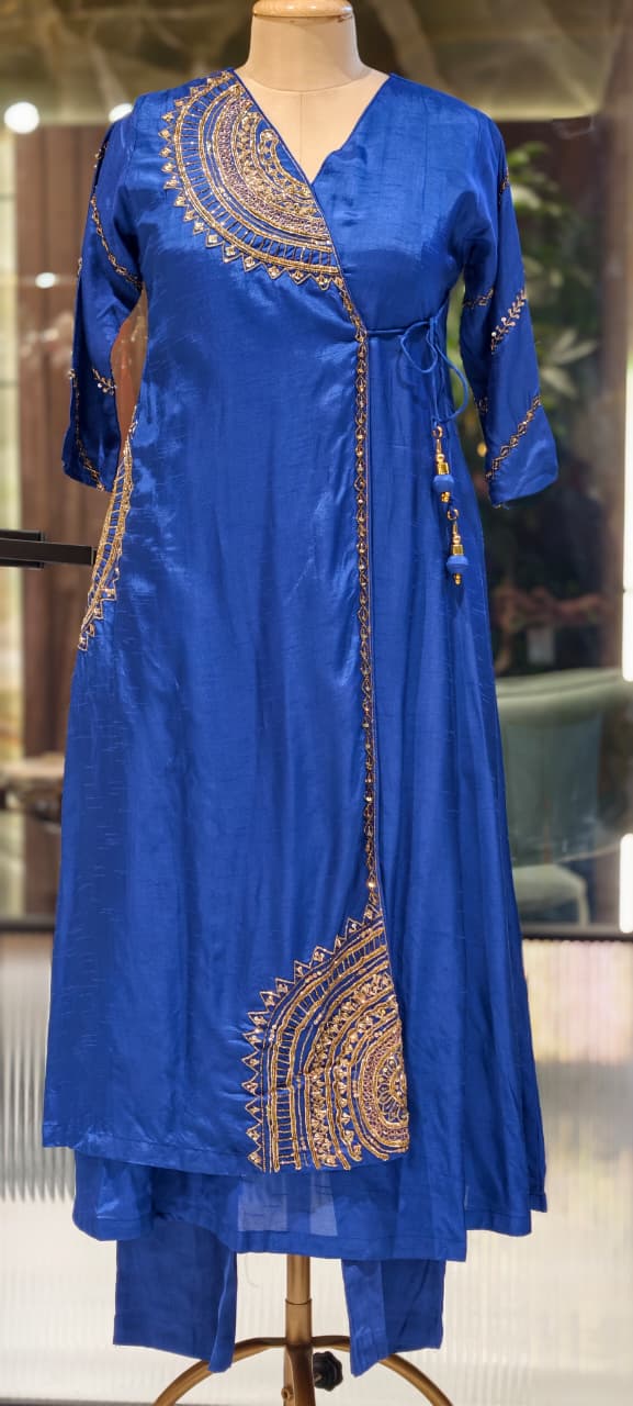 Half Phased Embroidered Angrakha Style A-Line Russian Silk Full Suit Set with Dupatta- 15324