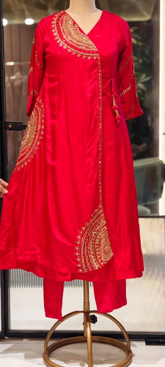 Half Phased Embroidered Angrakha Style A-Line Russian Silk Full Suit Set with Dupatta- 15324