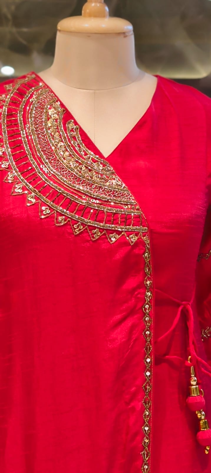 Half Phased Embroidered Angrakha Style A-Line Russian Silk Full Suit Set with Dupatta- 15324