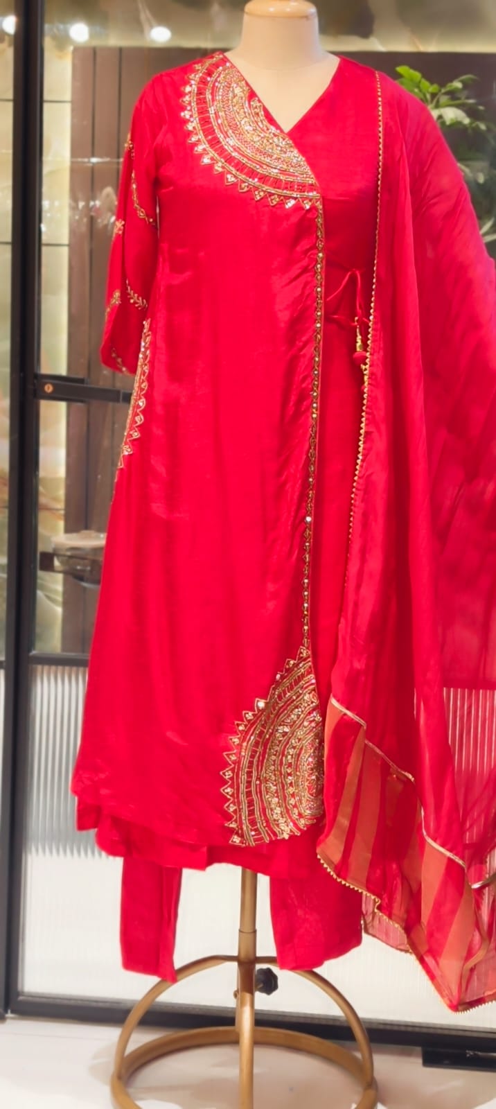 Half Phased Embroidered Angrakha Style A-Line Russian Silk Full Suit Set with Dupatta- 15324