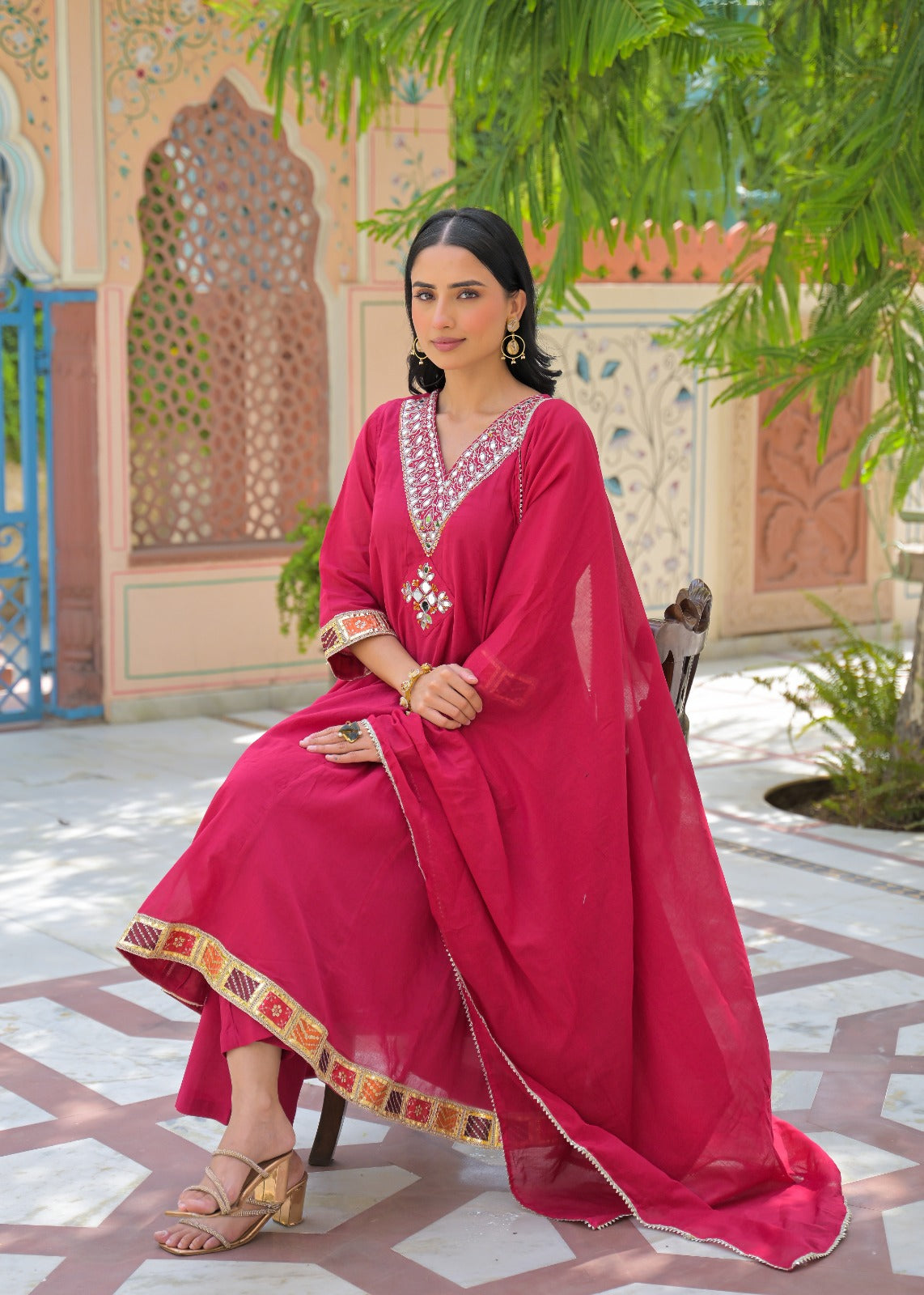 Vibrant Maroon Real Mirror V-Neck Embroidered Mul-Cotton Panel Anarkali Full Suit Set With Dupatta- 15324