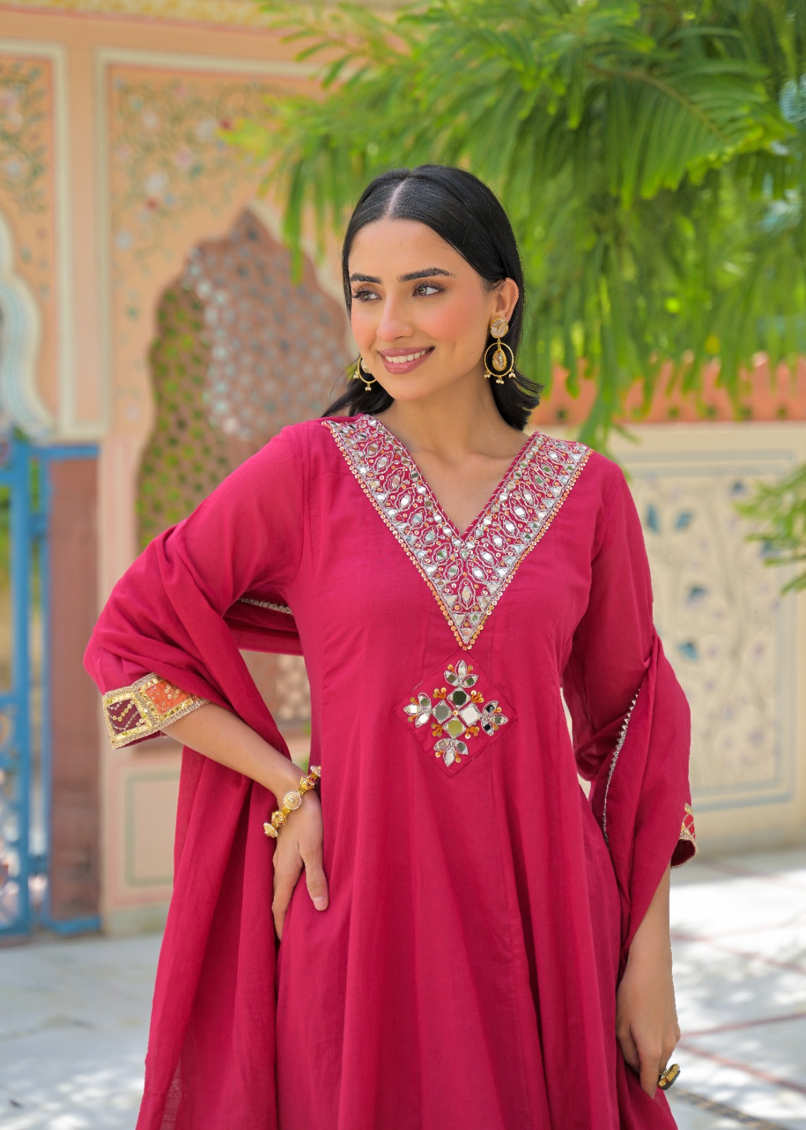 Vibrant Maroon Real Mirror V-Neck Embroidered Mul-Cotton Panel Anarkali Full Suit Set With Dupatta- 15324