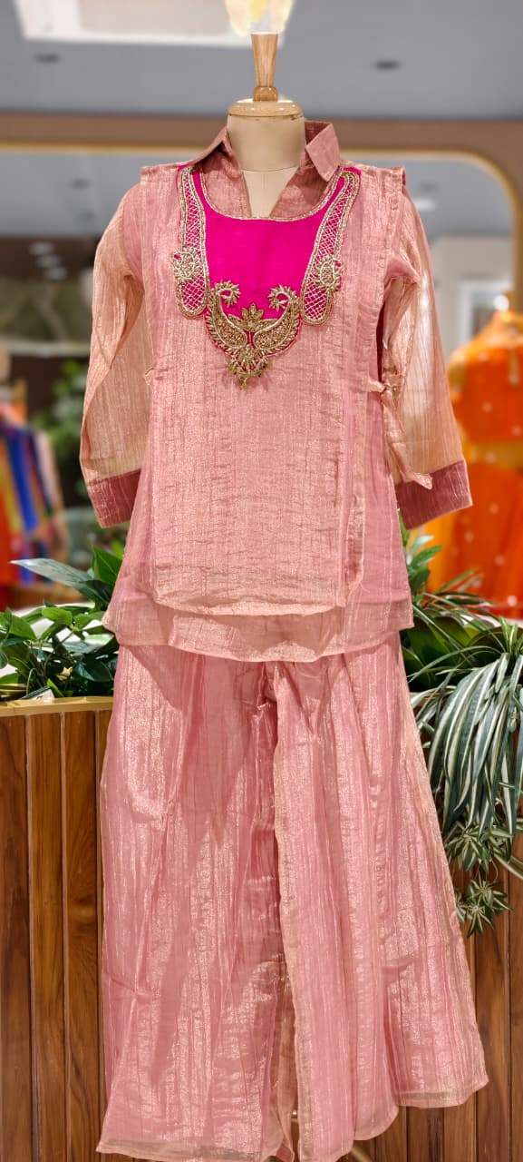 Premium Crush Tissue Mango Buti Embroidered Contrasted Yoke Overlay Co-Ord Set-
