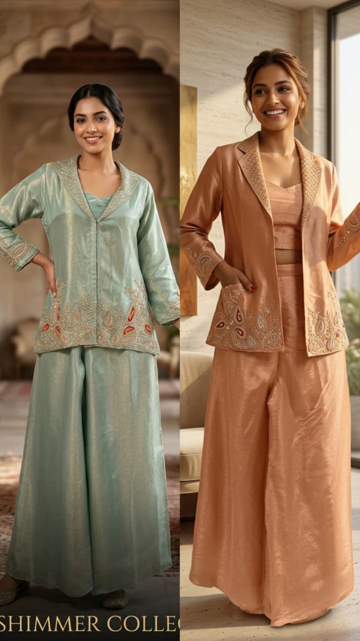 Mango Buti Cut-Dana Elegant Embroidery Work Jacket Style Tissue Co-Ord Set- 15368