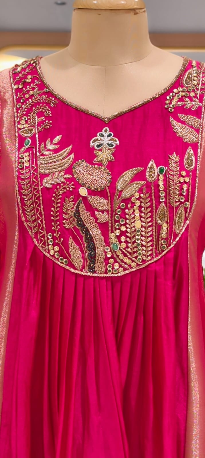 Fuchsia Festive Pleated Brocade Anarkali Full Suit Set With Heavy Zardosi Yoke Work- 15327