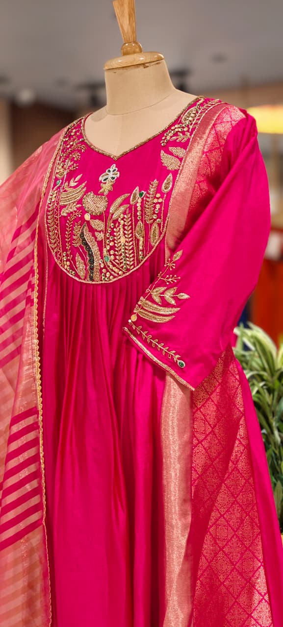Fuchsia Festive Pleated Brocade Anarkali Full Suit Set With Heavy Zardosi Yoke Work- 15327