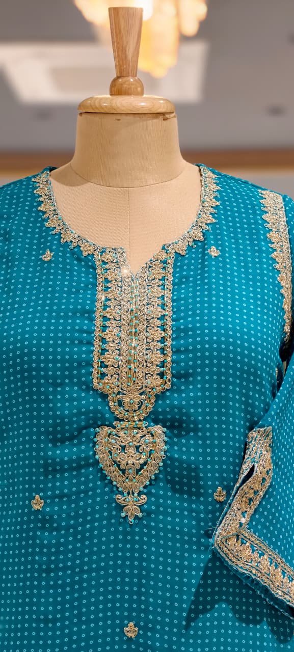 Dotted Bandhej Print Zardosi Neckline Poly Georgette Full Suit Set With Dupatta- 15331