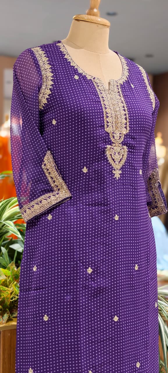 Dotted Bandhej Print Zardosi Neckline Poly Georgette Full Suit Set With Dupatta- 15331
