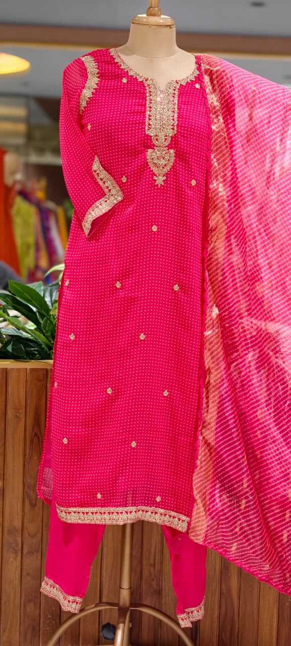 Dotted Bandhej Print Zardosi Neckline Poly Georgette Full Suit Set With Dupatta- 15331