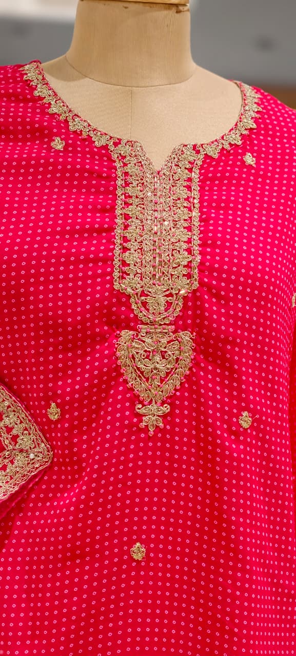 Dotted Bandhej Print Zardosi Neckline Poly Georgette Full Suit Set With Dupatta- 15331