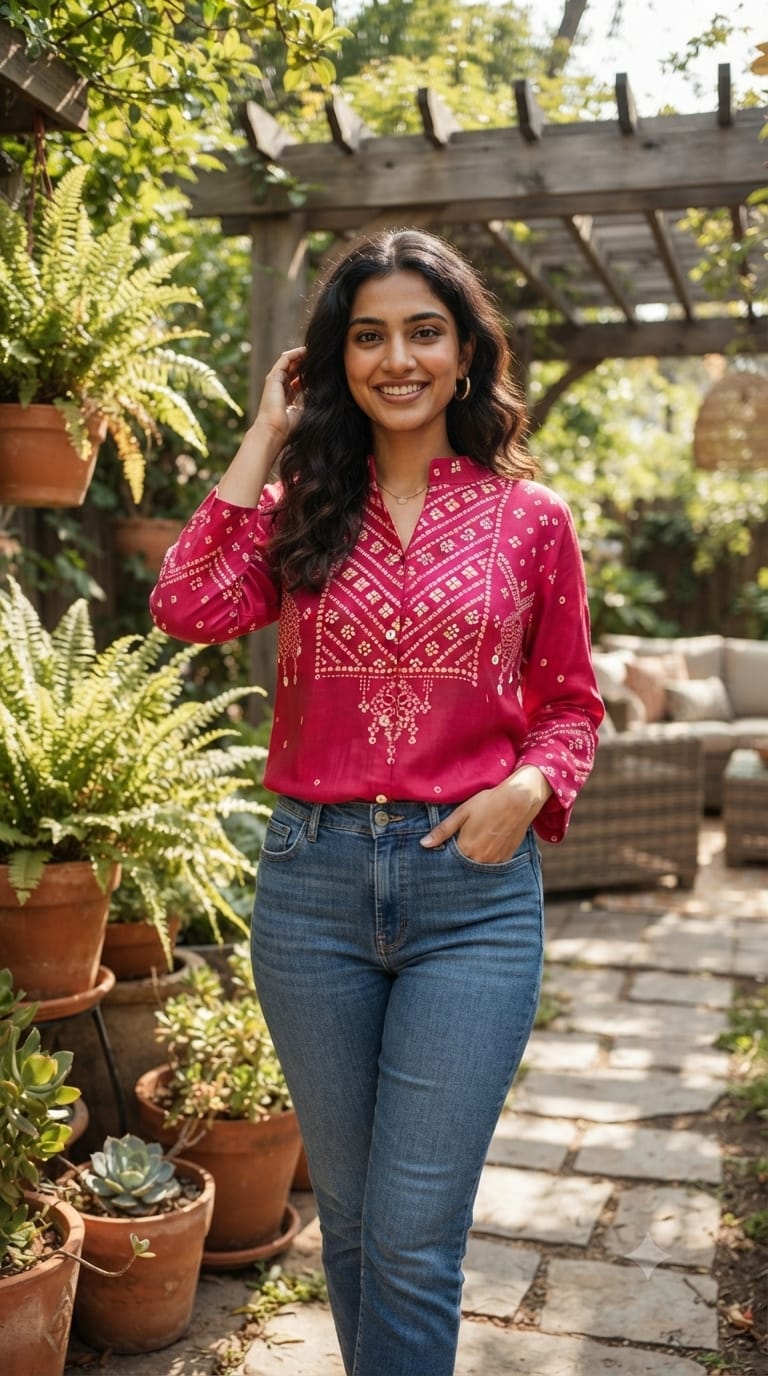 Mandarin Collar Bandhani Print Flowy Crepe Casual Kurti- 15335 (Lean Fit)
