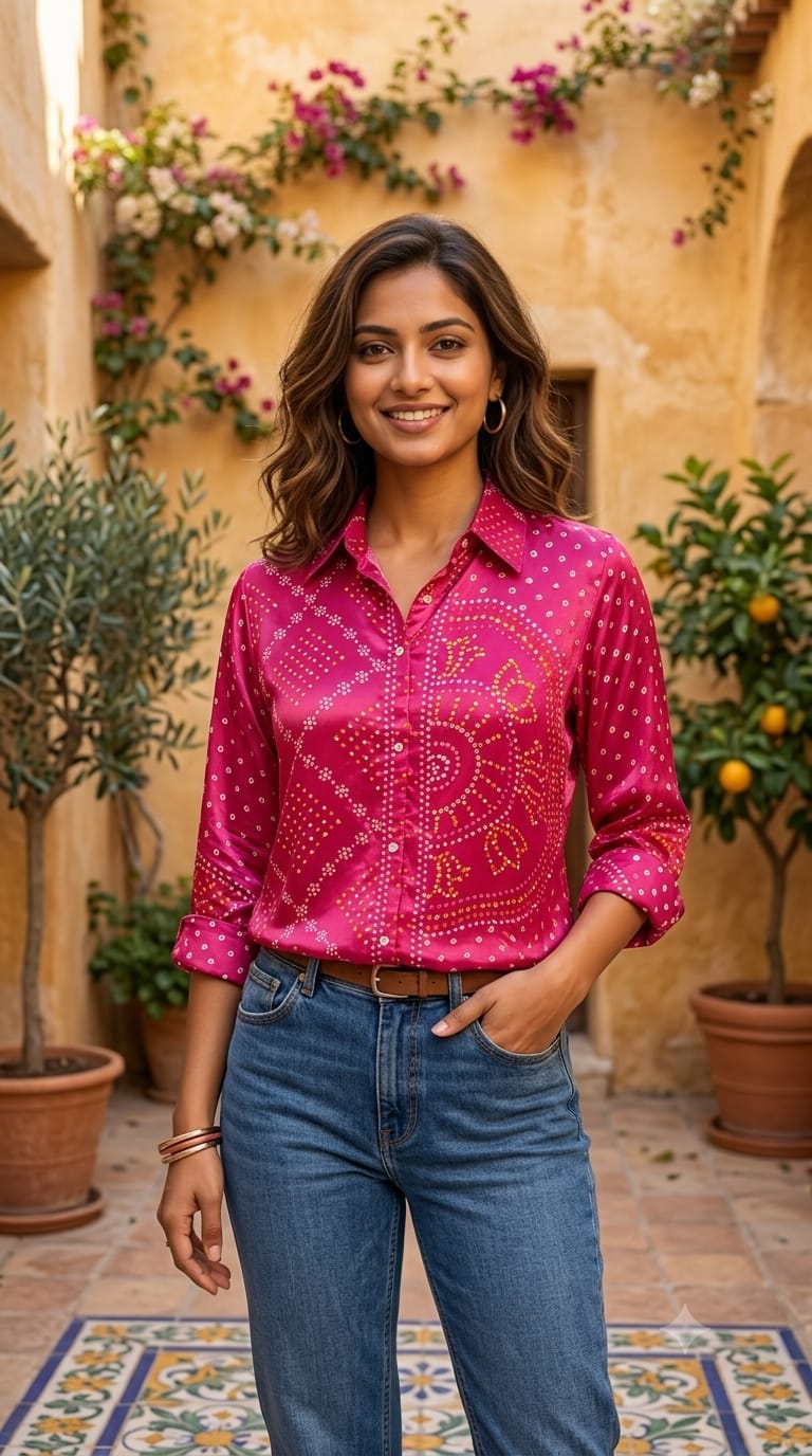 Vibrant Patola Bandhani Printed Tasseled Casual Crepe Shirt- 15373 (Lean Fit)
