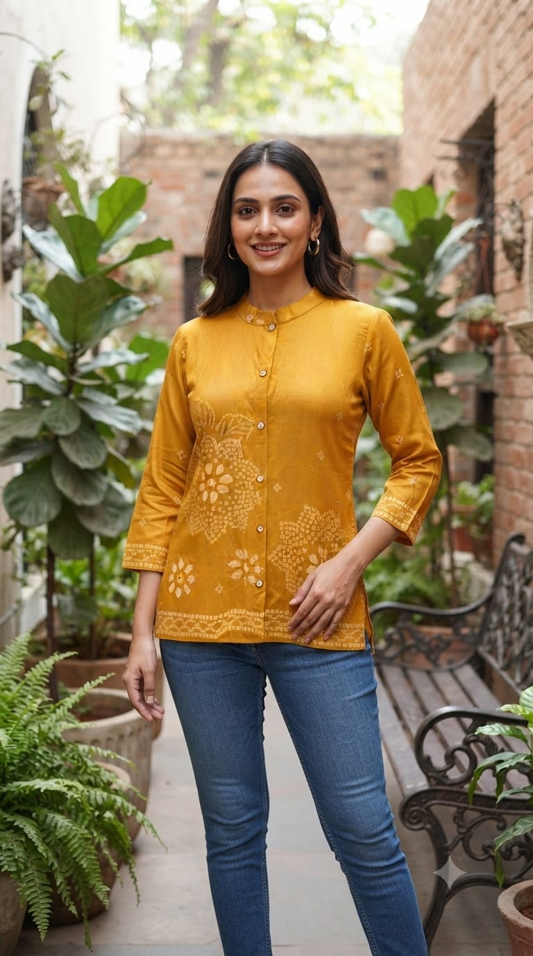 Mandarin Collar Bandhani Print Flowy Crepe Casual Kurti- 15335 (Lean Fit)