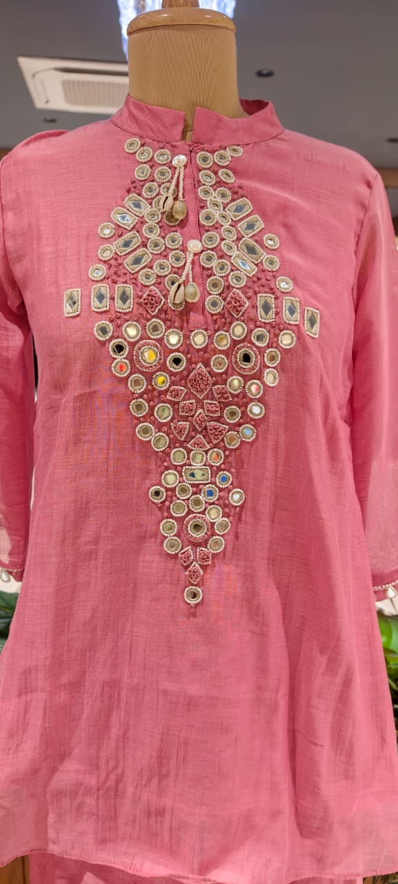 Mul-Chanderi Real Mirror Intricate Embroidery With Shell Touch Co-Ord Set- 15398