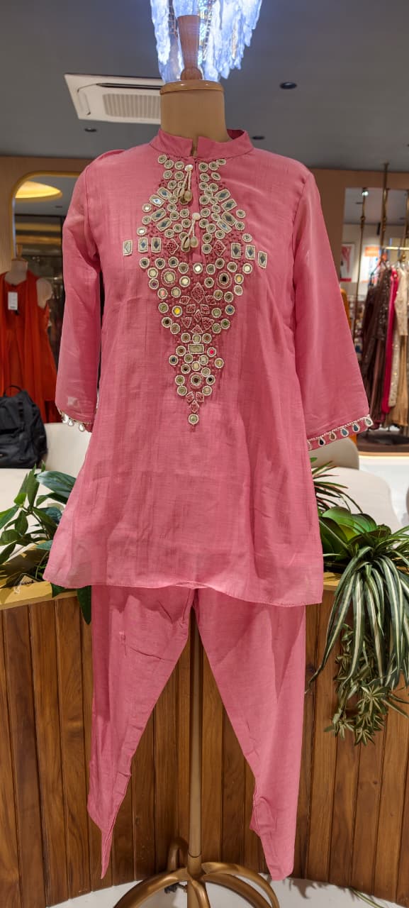 Mul-Chanderi Real Mirror Intricate Embroidery With Shell Touch Co-Ord Set- 15398