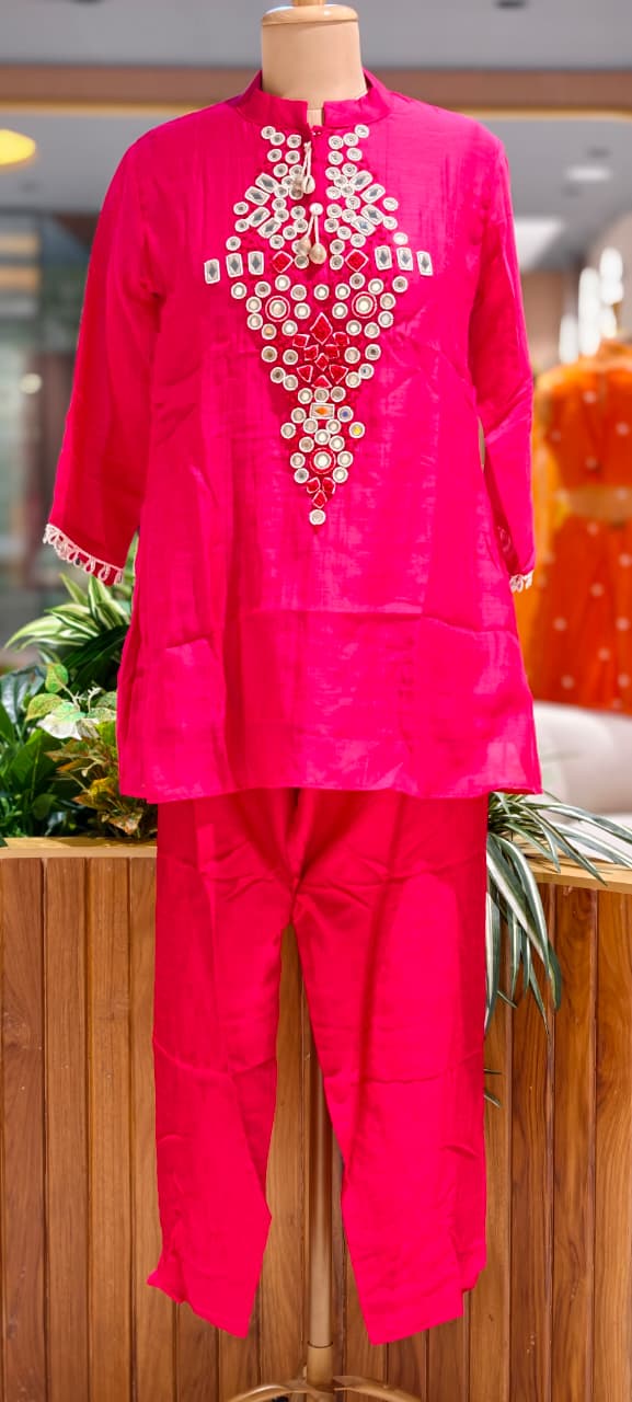 Mul-Chanderi Real Mirror Intricate Embroidery With Shell Touch Co-Ord Set- 15398