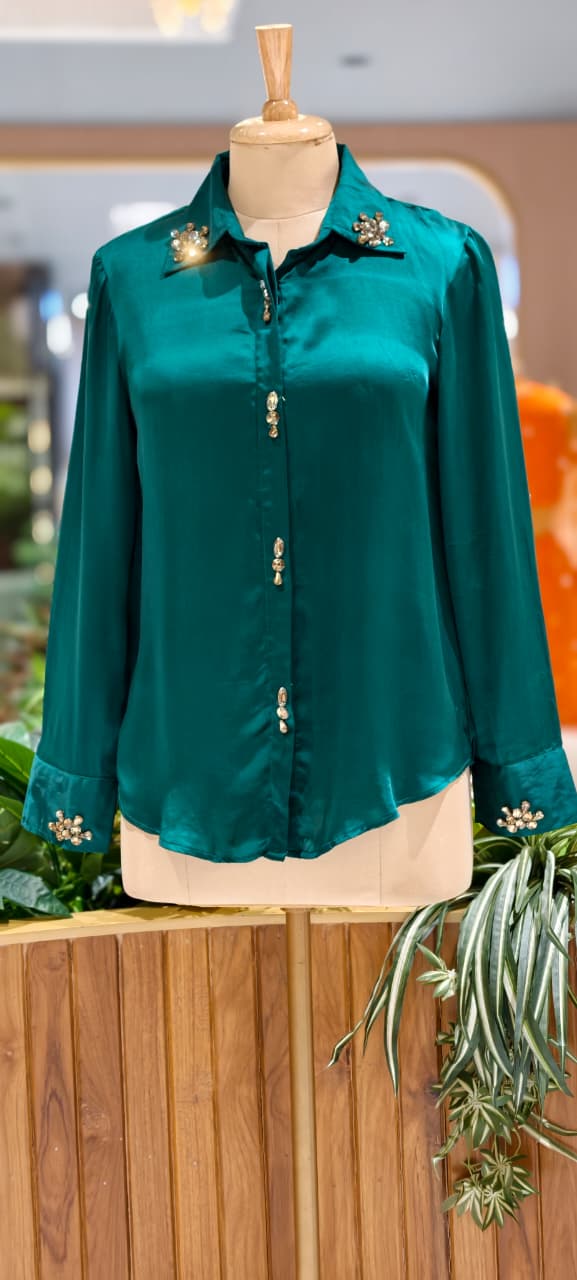 Emerald Satin Embellished Button-Down Butter Soft Satin Shirt- 14784