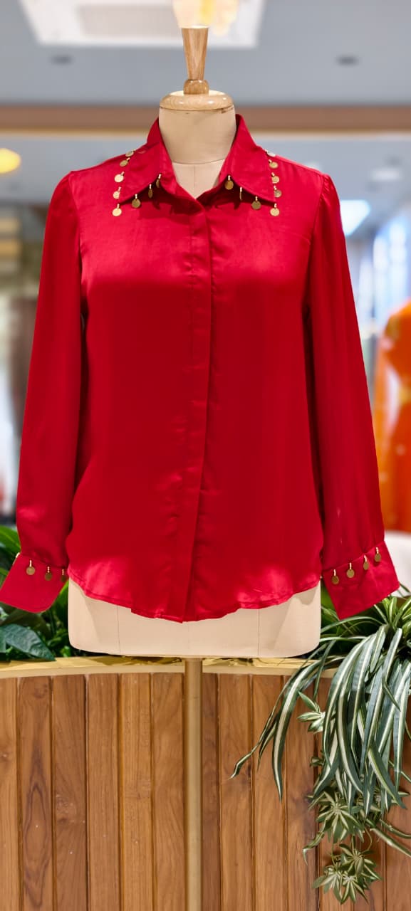 Elegant Crimson Satin Shirt with Gold Coin Embellishments- 14783