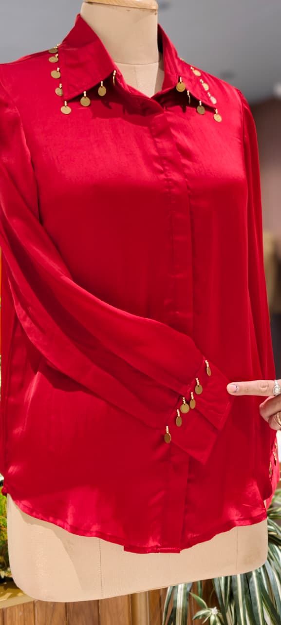 Elegant Crimson Satin Shirt with Gold Coin Embellishments- 14783