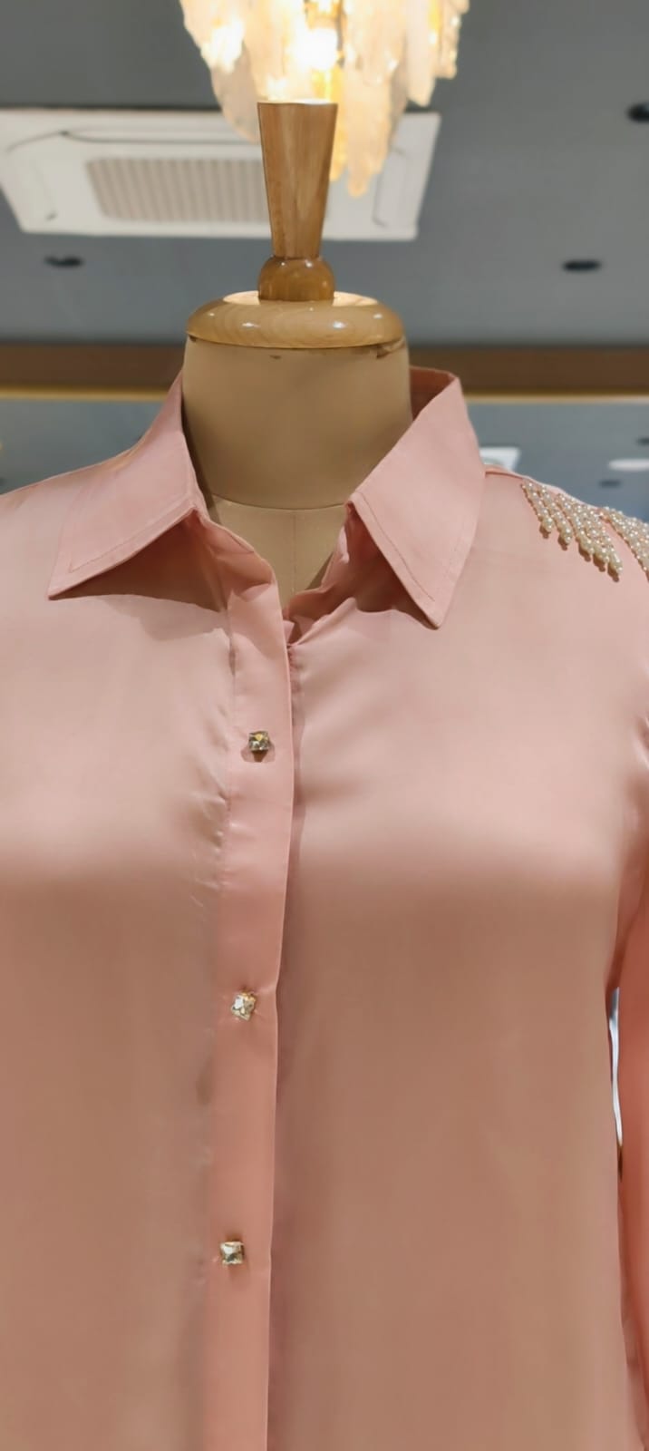 Blush Pink Pearl-Embellished Tassel Over Shoulder Satin Shirt- 14781