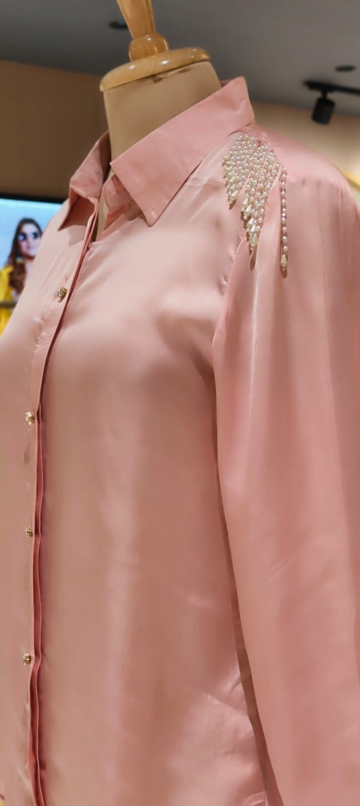 Blush Pink Pearl-Embellished Tassel Over Shoulder Satin Shirt- 14781