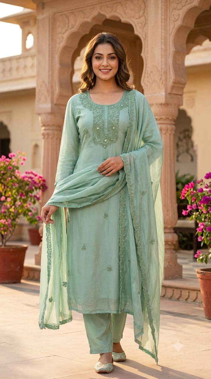 Foil Mirror Detailing Chikankari Embroidered Yoke Solid Full Suit Set With Dupatta- 15376