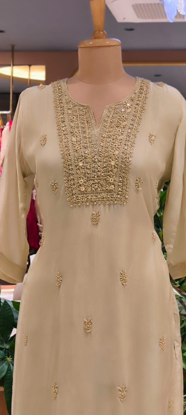 Foil Mirror Detailing Chikankari Embroidered Yoke Solid Full Suit Set With Dupatta- 15376