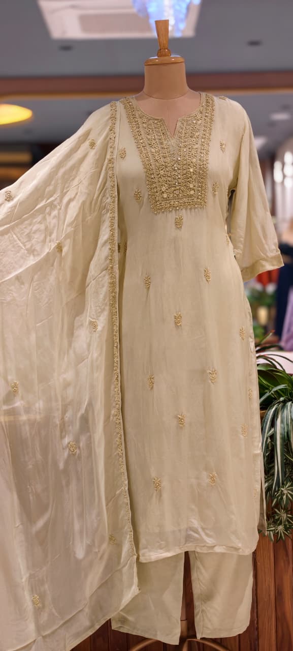 Foil Mirror Detailing Chikankari Embroidered Yoke Solid Full Suit Set With Dupatta- 15376