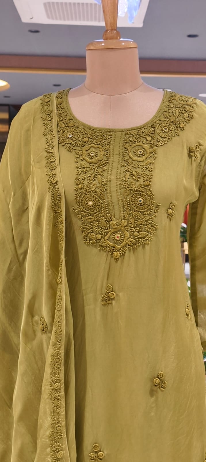 Foil Mirror Detailing Chikankari Embroidered Yoke Solid Full Suit Set With Dupatta- 15376