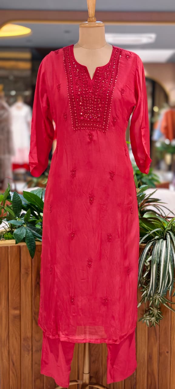 Foil Mirror Detailing Chikankari Embroidered Yoke Solid Full Suit Set With Dupatta- 15376