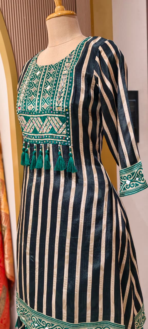 Boho Chich Tribal Inspired Multicolor Print Crepe Full Suit Set With Dupatta & Farsi Bottom- 15417, 15120