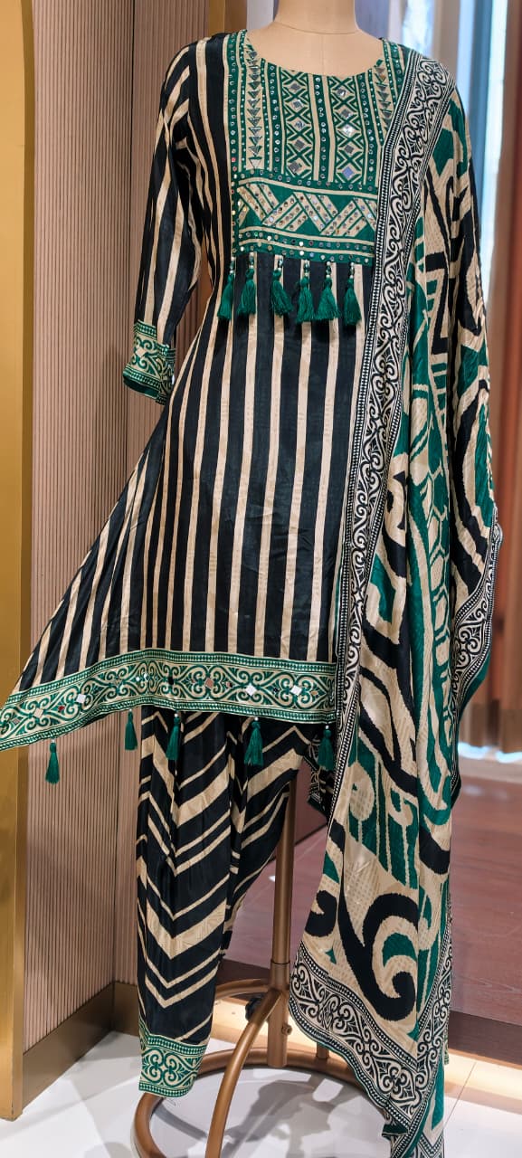 Boho Chich Tribal Inspired Multicolor Print Crepe Full Suit Set With Dupatta & Farsi Bottom- 15417, 15120