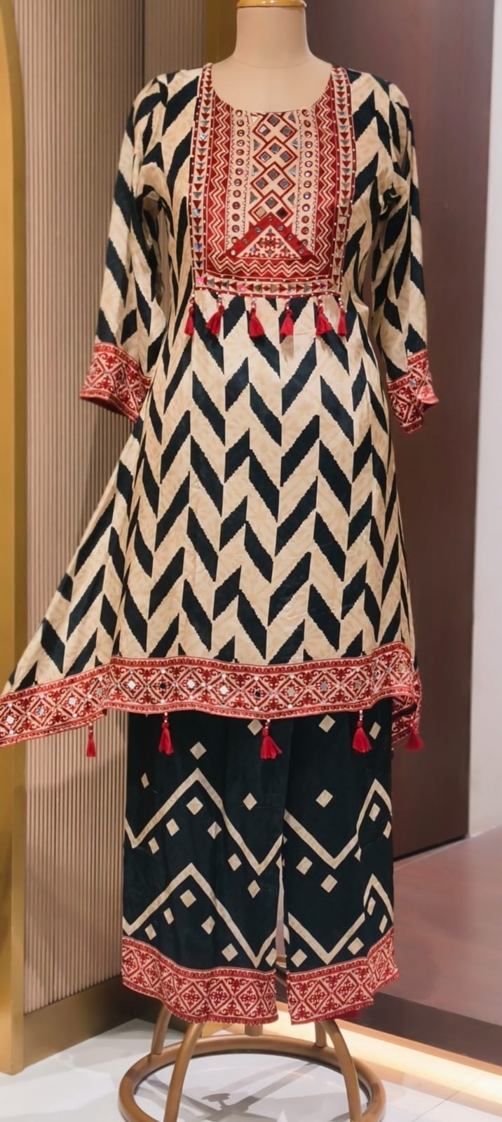 Tribal Inspired Tassel Accent Multi Printed Flowy Crepe Fancy Full Suit Set With Dupatta- 15418, 15419