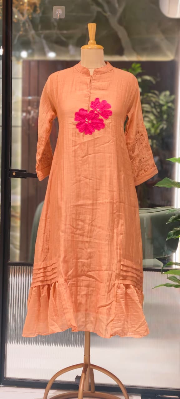 Mandarin Collar Ankle Length Mul-Chanderi Frock with 3D Floral Applique Yoke- 15421