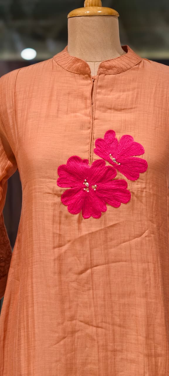 Mandarin Collar Ankle Length Mul-Chanderi Frock with 3D Floral Applique Yoke- 15421