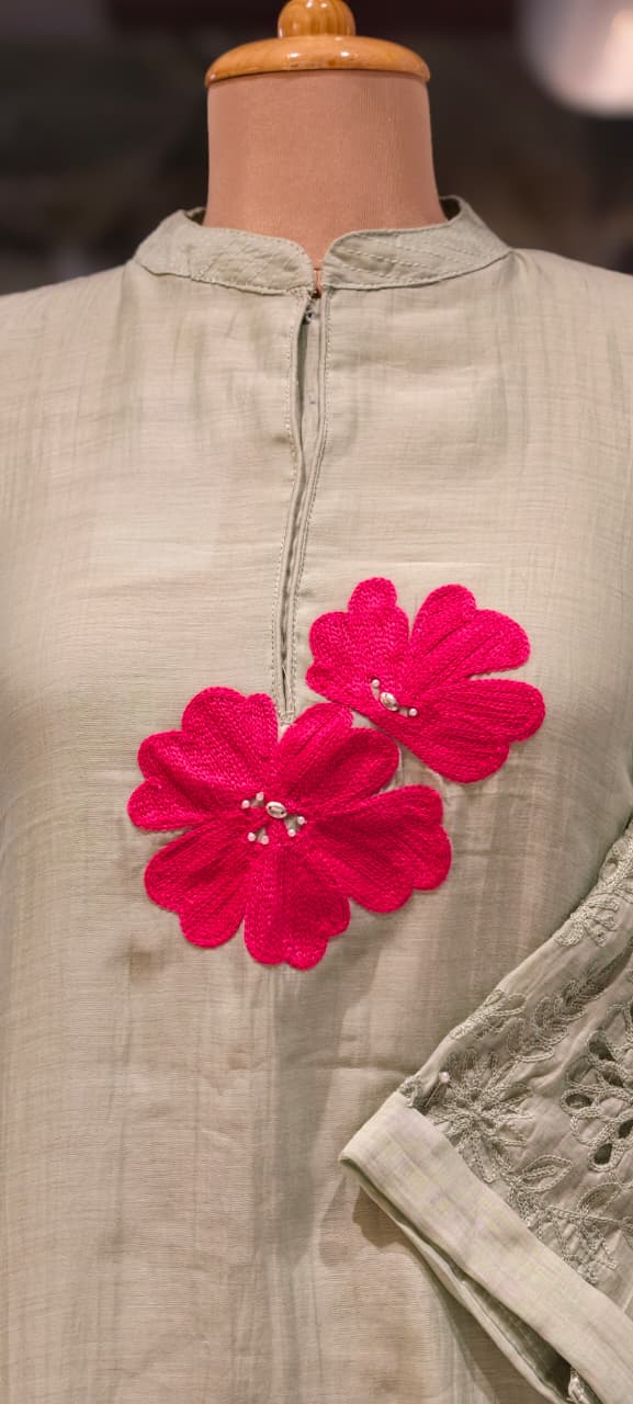 Mandarin Collar Ankle Length Mul-Chanderi Frock with 3D Floral Applique Yoke- 15421