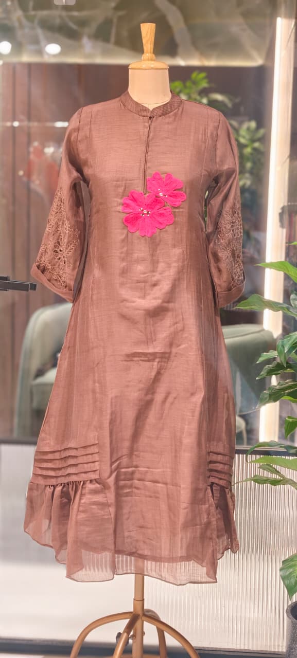 Mandarin Collar Ankle Length Mul-Chanderi Frock with 3D Floral Applique Yoke- 15421