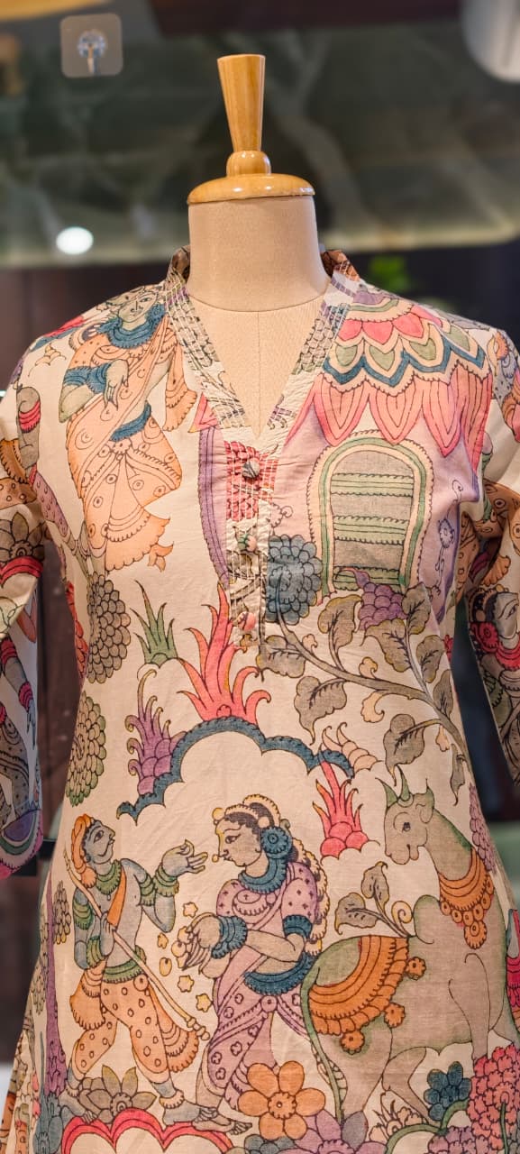 Heritage Kalamkari Inspired Folk Art Kurta Pant Set In Cotton Fabric- 15425