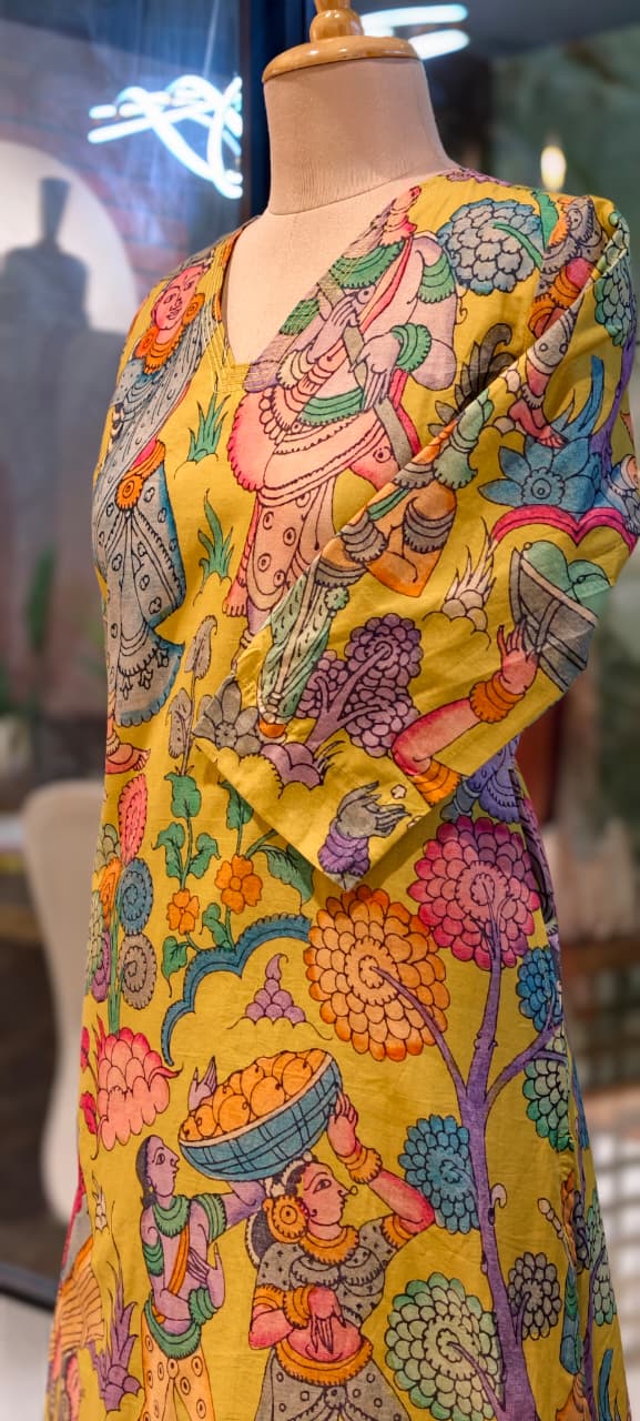 Heritage Kalamkari Inspired Folk Art Kurta Pant Set In Cotton Fabric- 15425