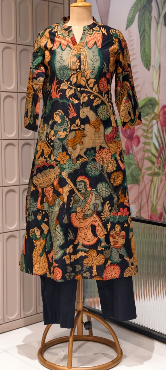 Heritage Kalamkari Inspired Folk Art Kurta Pant Set In Cotton Fabric- 15425