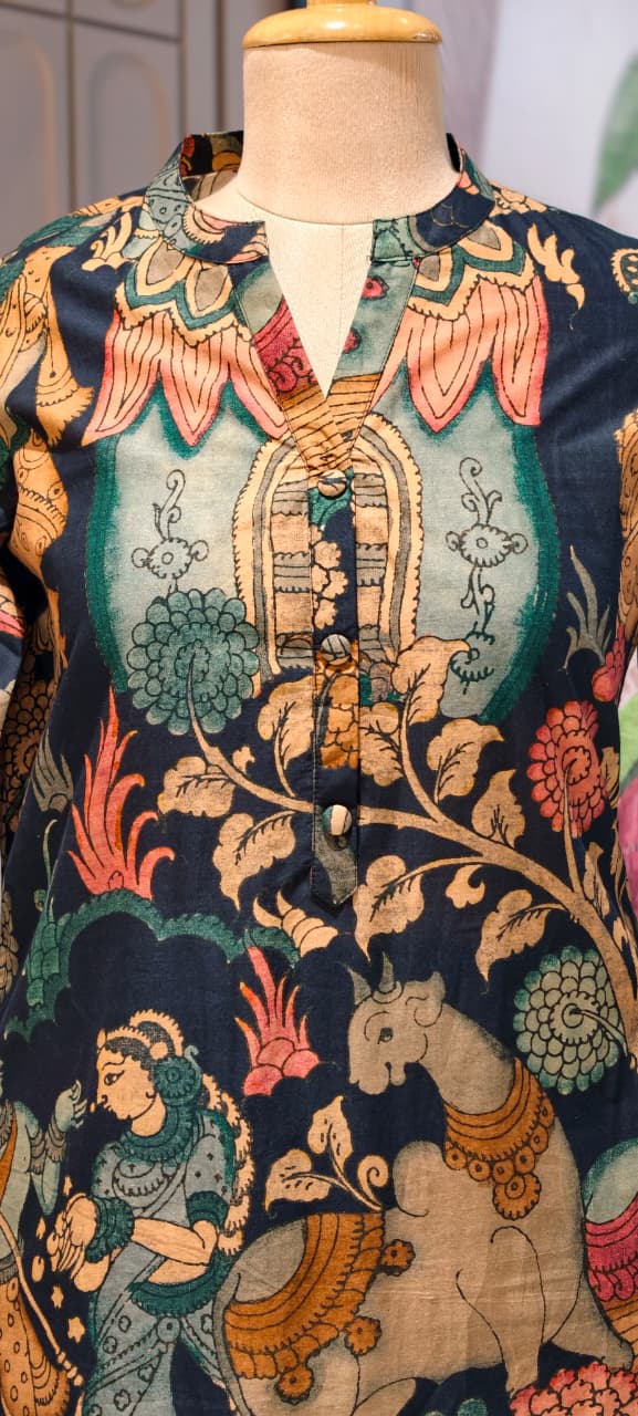 Heritage Kalamkari Inspired Folk Art Kurta Pant Set In Cotton Fabric- 15425