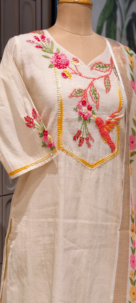 Crochet Gardenia Figure Embroidered Kora Cotton Full Suit Set With Dupatta- 14689