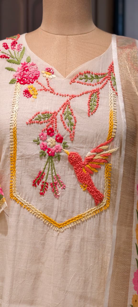 Crochet Gardenia Figure Embroidered Kora Cotton Full Suit Set With Dupatta- 14689