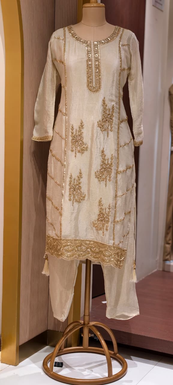 Ivory & Gold Elegant Embroidered Tissue Full Suit Set With Dupatta- 15305