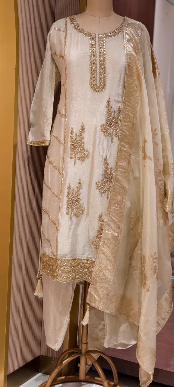 Ivory & Gold Elegant Embroidered Tissue Full Suit Set With Dupatta- 15305