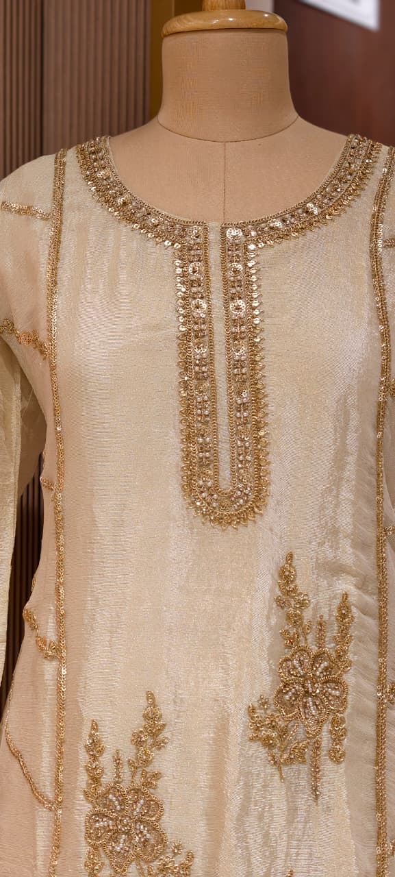 Ivory & Gold Elegant Embroidered Tissue Full Suit Set With Dupatta- 15305
