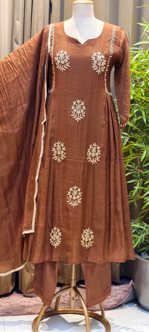 Crush Surat Mul-Chanderi Embroidered Side Pleated A-Line Full Suit Set with Dupatta- 15423