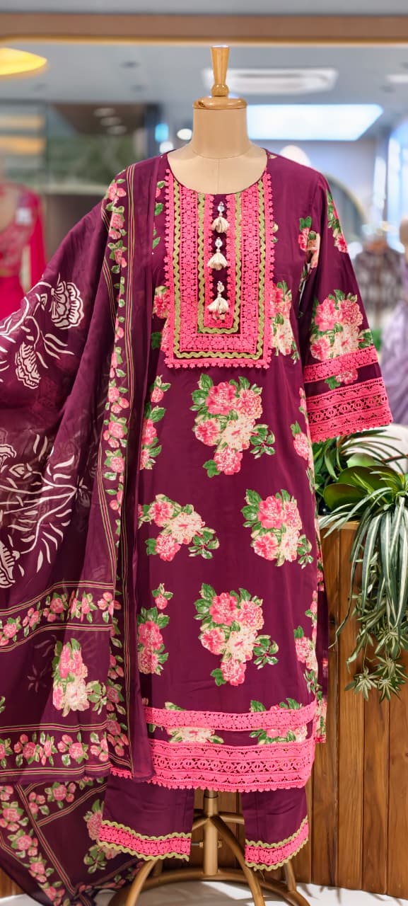 Crosia Lace Detailing Floral Printed Cotton Full Suit Set With Dupatta- 15262