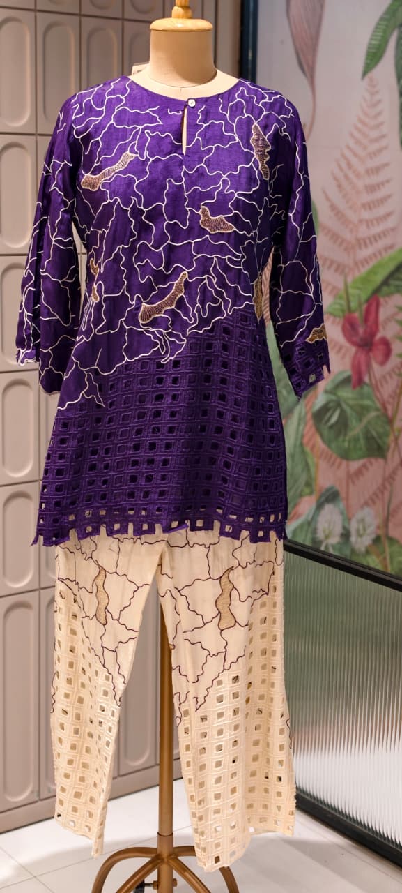 Contemporary Abstract Embroidered with Geometric Cutwork Russian Silk Co-Ord Set- 15224